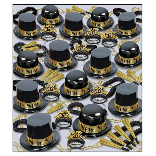Beistle Black & Gold New Year Showtime Deluxe Party Favor Kit For 100